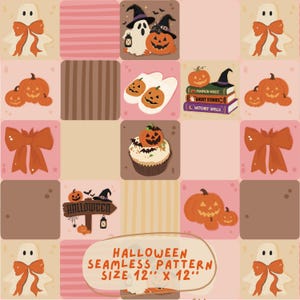 以下が含まれることがあります： オレンジのリボンをつけた幽霊、ジャック・オー・ランタン、スリッパ、Pumpkin Magic、Ghost Stories、Witches Spellsというタイトルの本、カップケーキ、Halloweenと書かれた看板などのハロウィーンのモチーフが描かれたシームレスなパターン。テキストはHALLOWEEN SEAMLESS PATTERN SIZE 12" X 12"。