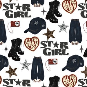 May include: A repeating pattern featuring black platform boots with chains, dark blue baggy jeans, black baseball caps with star motifs, red digital cameras, leopard print stars, and heart-shaped graphics with the text All You Need Is Love.