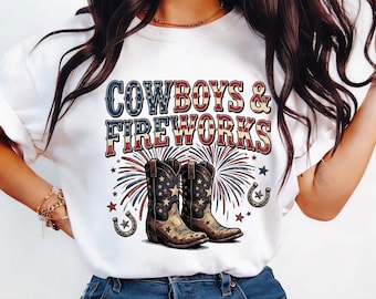 Cowboys & Fireworks PNG | Western Patriotic Shirt Design | Vintage Americana Cowgirl Graphic | 4th of July Sublimation