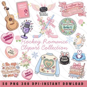 May include: Digital clipart collection with a hockey romance theme. Features a guitar, phone, microphone, hockey sticks, a jacket, and heart-shaped candies. Text includes "Hockey Romance Clipart Collection."
