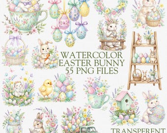 Watercolor Easter Clipart Bundle 55 PNG, Pastel Easter Bunny PNG, Easter Eggs Clipart, Spring Floral Bunny, Sublimation PNG,Floral Scrapbook