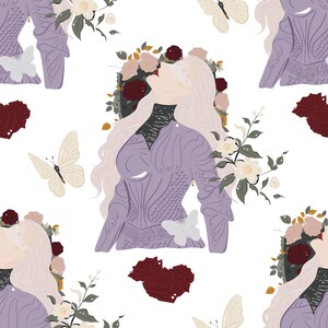 May include: A repeating pattern featuring a figure with long light hair wearing lavender armor with scale textures. The figure is surrounded by deep red roses, pale pink flowers, and cream-colored butterflies on a plain white background.