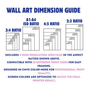 May include: A wall art dimension guide featuring four aspect ratio categories: 3:4, A1-A4 ISO, 4:5, and 2:3. Each category lists multiple print sizes in inches and centimeters. Text includes: Includes 4 high-resolution JPEG files in the aspect ratios shown above. Compatible with 18 different print sizes for easy framing. Designed in CMYK color mode for professional print quality. Screen colors are optimized to match the final printed result.