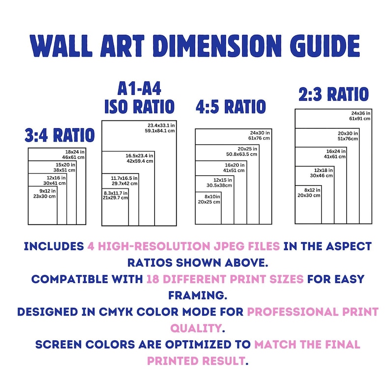 May include: A wall art dimension guide featuring four aspect ratio categories: 3:4, A1-A4 ISO, 4:5, and 2:3. Each category lists multiple print sizes in inches and centimeters. Text includes: Includes 4 high-resolution JPEG files in the aspect ratios shown above. Compatible with 18 different print sizes for easy framing. Designed in CMYK color mode for professional print quality. Screen colors are optimized to match the final printed result.