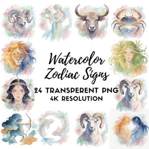 Aquarel dierenriem clipartbundel, 24 astrologische tekens PNG-set, hemelse horoscoopafbeeldingen, commercieel gebruik scrapbook ambachten digitale download