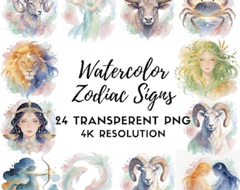 Watercolor Zodiac Clipart Bundle, 24 Astrology Signs PNG Set, Celestial Horoscope Graphics, Commercial Use Scrapbook Crafts Digital Download