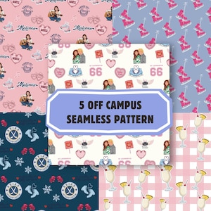 May include: A digital collage of five seamless patterns featuring hockey-themed graphics, including ice skates, hockey pucks, hearts, cocktails, and couples, with a central banner displaying the text 5 OFF CAMPUS SEAMLESS PATTERN.