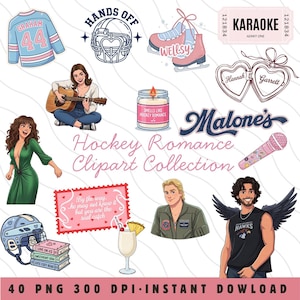 Puede incluir: Una colección de imágenes prediseñadas digitales con temática de romance de hockey. Incluye ilustraciones de una camiseta de hockey, patines de hielo, una vela, un boleto de karaoke, un micrófono y un cóctel. También está presente el texto "Hockey Romance Clipart Collection".