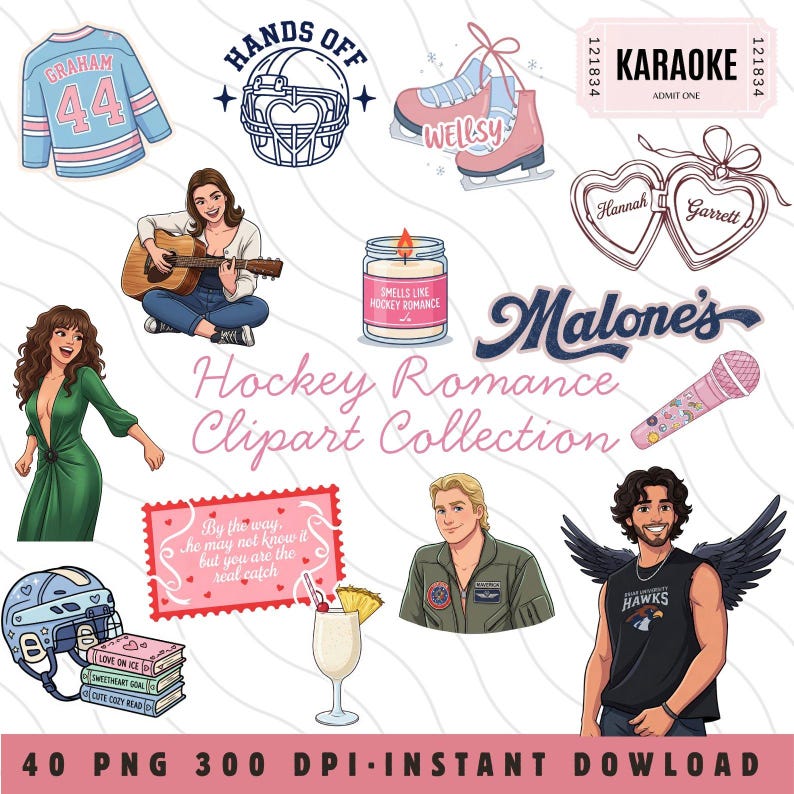 May include: A digital clipart collection with a hockey romance theme. Includes illustrations of a hockey jersey, ice skates, a candle, a karaoke ticket, a microphone, and a cocktail. The text "Hockey Romance Clipart Collection" is also present.