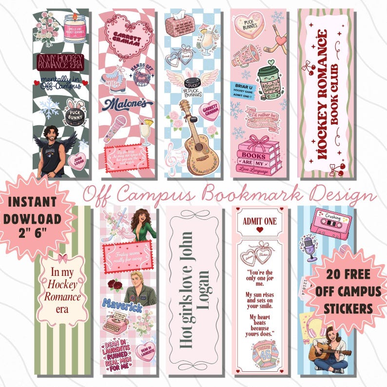 Off Campus TV Show, Briar U, Garrett Graham, Booktok Bookmark, Hockey Romance Gift, Digital Bookmark PDF, Printable Bookmarks, John Logan, Dean Di Laurentis, The Deal Elle Kennedy, Bookish Gifts, Romance Reader Pack.
This Off Campus inspired bookmark set is perfect for hockey romance readers, BookTok lovers, and fans of cozy college romance aesthetics. Featuring soft pastel colors, romantic sports vibes, and bookish designs, this printable bookmark bundle was created for readers who are com