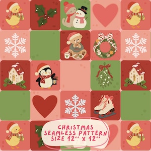 May include: A seamless pattern featuring a grid of festive illustrations including yellow ducks, holly, a cat with a snowman, hearts, snowflakes, a teddy bear, a wreath, a penguin, mistletoe, houses, and ice skates. Text reads: CHRISTMAS SEAMLESS PATTERN SIZE 12" X 12".