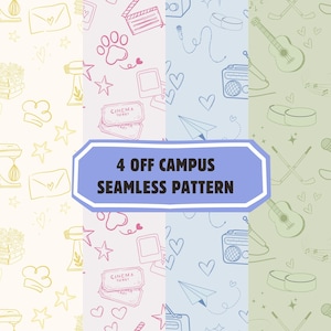 May include: A digital graphic featuring four vertical panels of seamless patterns in yellow, pink, blue, and green. Each panel displays hand-drawn icons like guitars, hearts, stars, and cinema tickets. A central blue label reads 4 OFF CAMPUS SEAMLESS PATTERN.