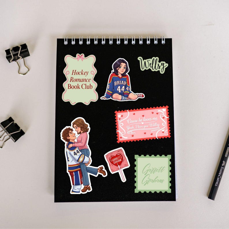 May include: A digital clipart collection with a hockey romance theme. Includes illustrations of a hockey jersey, ice skates, a candle, a karaoke ticket, a microphone, and a cocktail. The text "Hockey Romance Clipart Collection" is also present.A complete collection of 50 unique hockey romance png vinyl stickers and illustrations  Briar University  and  on a .40 pcs Off Campus BookTok Sticker PNG Pack, Ice Hockey Romance Clipart Digital Dowload Set, Briar U The Deal Garrett Graham Bookworm Gift