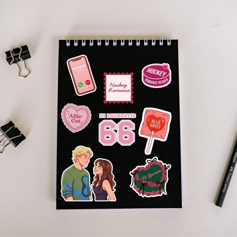 May include: A digital clipart collection with a hockey romance theme. Includes illustrations of a hockey jersey, ice skates, a candle, a karaoke ticket, a microphone, and a cocktail. The text "Hockey Romance Clipart Collection" is also present.A complete collection of 50 unique hockey romance png vinyl stickers and illustrations  Briar University  and  on a .40 pcs Off Campus BookTok Sticker PNG Pack, Ice Hockey Romance Clipart Digital Dowload Set, Briar U The Deal Garrett Graham Bookworm Gift