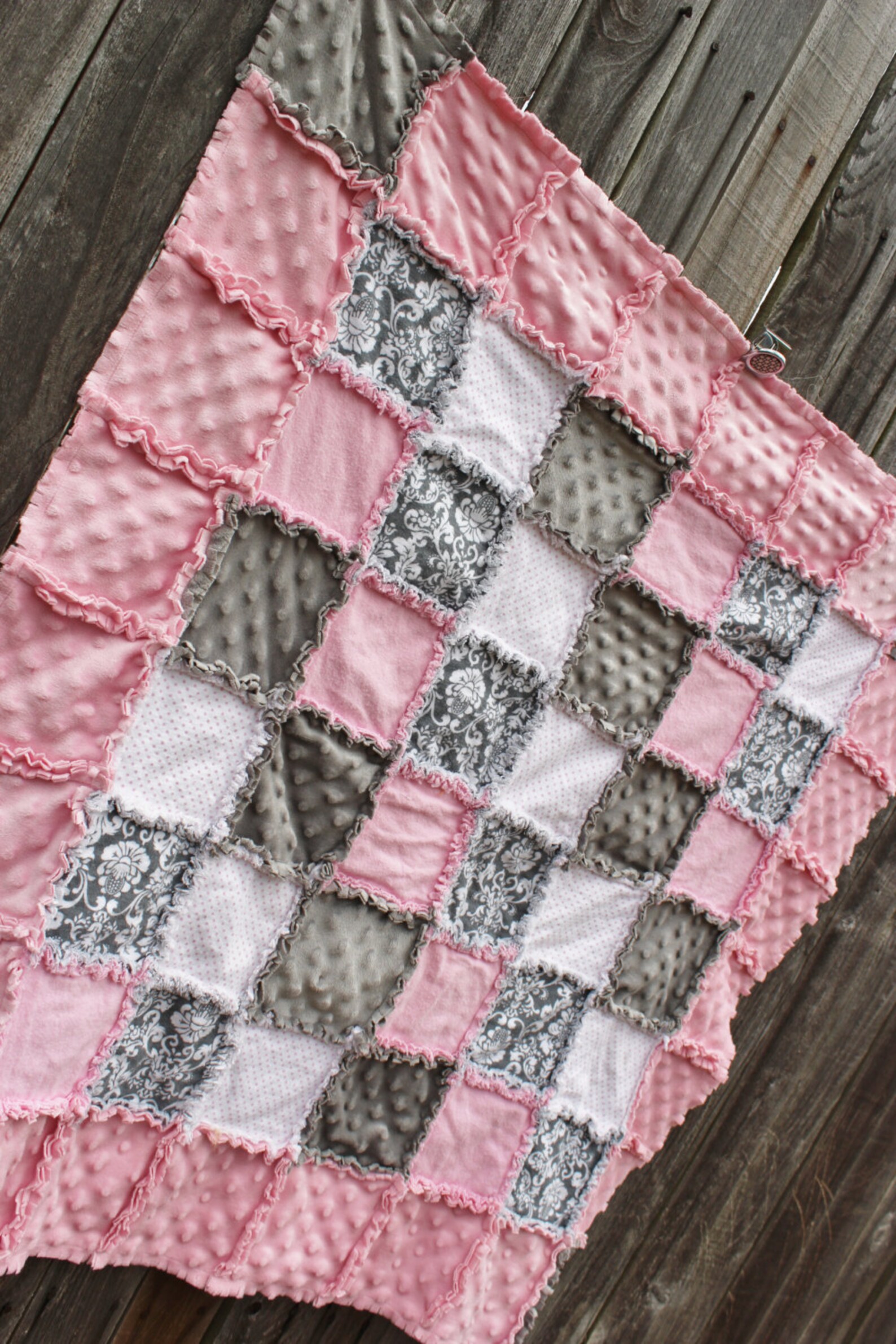 Pink & Gray Damask Rag Quilt Blanket light pink Etsy