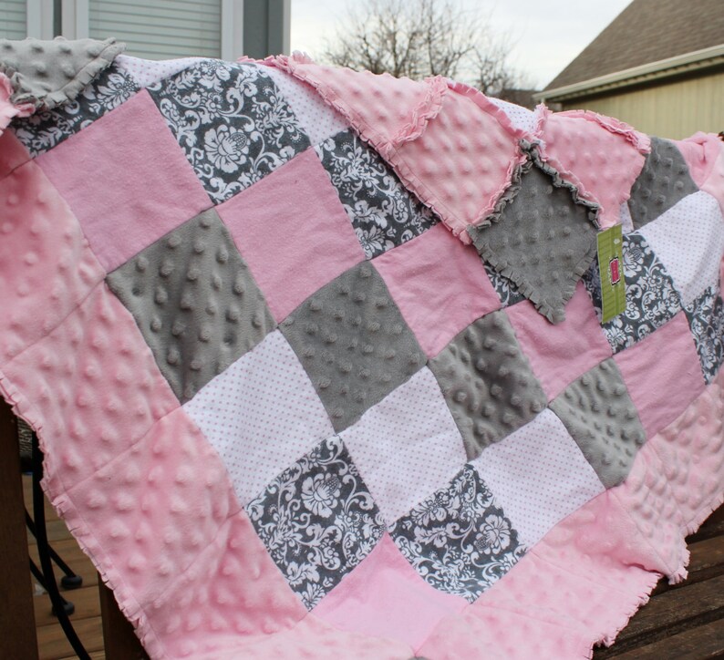 Pink & Gray Damask Rag Quilt Blanket light pink Etsy