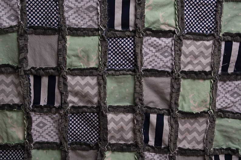Classic DEER HEAD Navy gray & mint Rag Quilt Blanket Would Etsy