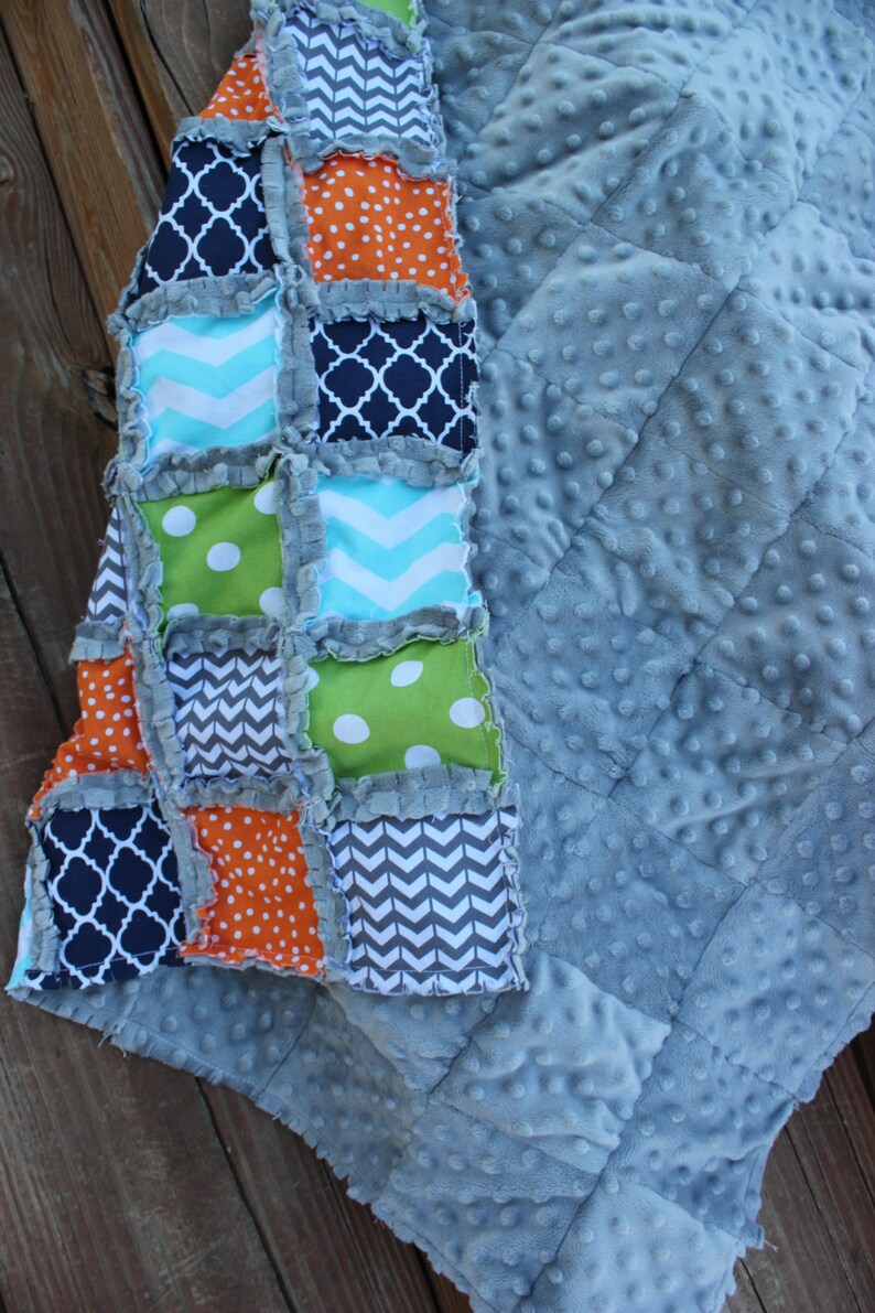FUN Navy Orange Green Aqua & Gray Rag Quilt Blanket Would Etsy