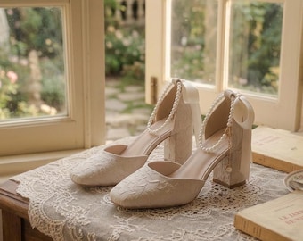 French Retro Pearl Mary Jane Heels, Ivory Lace Floral Wedding Shoes, Ribbon Tie Bridesmaid Heels, Vintage Elegant Block Heels