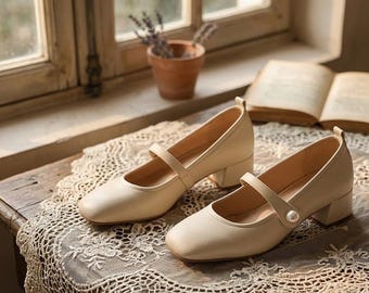 Retro Pearl Mary Jane Shoes French Vintage Cream Heels Chic Square Toe Pumps Elegant Wedding Shoes Handmade Daily Block Heel Shoes For Women
