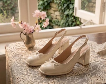 Retro French Cream Bow Mary Jane Slingback Heels Vintage Patent Leather Square Toe Chunky Heel Pumps Elegant Handmade Coquette Wedding Shoes