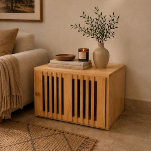 Puede incluir: Un mueble de madera clara con listones verticales en la parte delantera. El mueble está coronado con libros, un cuenco de madera, una vela y un jarrón con vegetación. Una alfombra tejida está en primer plano y un sofá en el fondo.