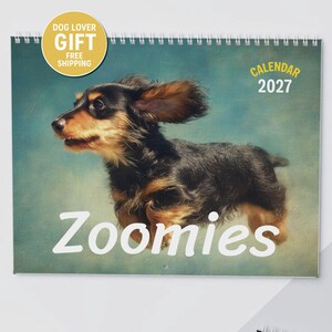 Kalendarz dla psów 2027, zabawny, malowane psy Zoomies, uroczy kalendarz ścienny dla zwierząt, prezent dla miłośnika zwierząt, fantazyjna sztuka z psami zdjęcie 1
