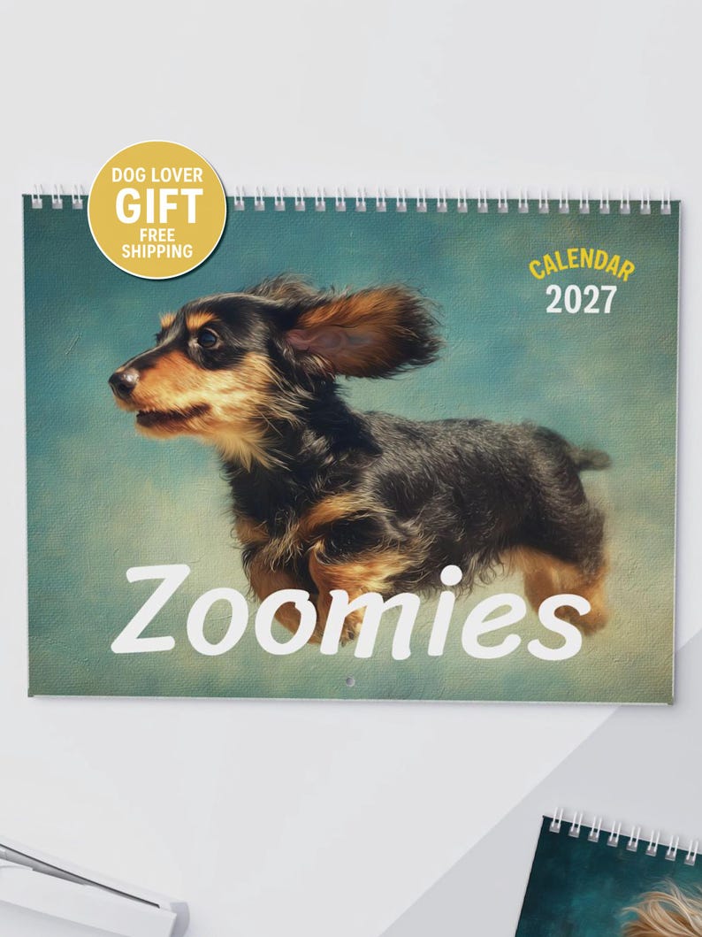 Kalendarz dla psów 2027, zabawny, malowane psy Zoomies, uroczy kalendarz ścienny dla zwierząt, prezent dla miłośnika zwierząt, fantazyjna sztuka z psami zdjęcie 1