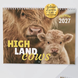 Kalendarz z cielętami rasy highland 2027, Kalendarz ścienny z krowami szkockimi, Prezent z krową, Prezent dla miłośnika bydła highland dla niej i dla niego 2027