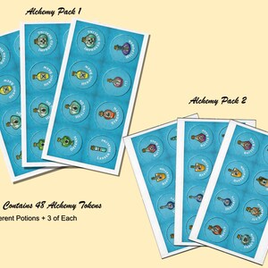 May include: Two sets of game tokens labeled Alchemy Pack 1 and Alchemy Pack 2, containing 48 circular tokens in total. Each sheet features blue backgrounds with various potion bottle illustrations and text labels like Improved Healing, Heroic Brew, and Strength.