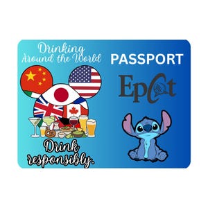 May include: A blue passport-style sticker with the text "Drinking Around the World" and "Drink responsibly." Features flags of various countries, drinks, and a cartoon character. The word "PASSPORT" is also visible.