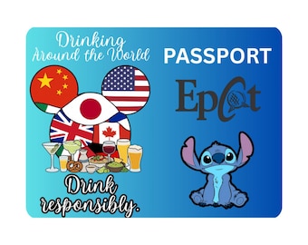 May include: A blue passport-style sticker with the text "Drinking Around the World" and "Drink responsibly." Features flags of various countries, drinks, and a cartoon character. The word "PASSPORT" is also visible.