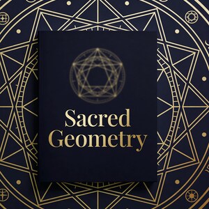 May include: A dark blue book titled "Sacred Geometry" with gold lettering and a gold geometric design. The background features a repeating gold geometric pattern on a dark blue surface.