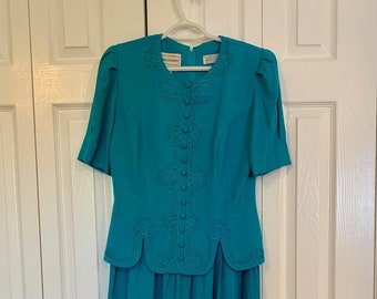 Karin Stevens Teal Embroidered Dress Size 8