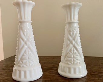 Vintage 1960's MCM Anchor Hocking Milk Glass Vases Set of 2