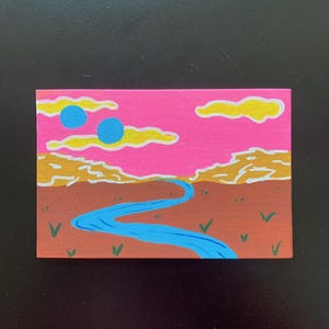 Two Moons, 4x6 mini painting, original folk art painting, Becca Cook