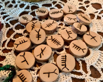 Ogham Runes Set in Handmade Crochet Silk Drawstring Bag