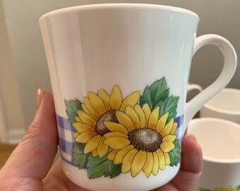 Vintage 1990s Corelle Sunsations Sunflower Gingham Coffee Mugs Set of 4