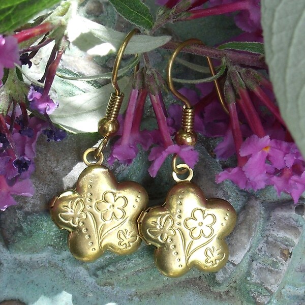 Vintage Brass Flower Locket Earrings Etched with Flowers and Butterflies Dangle Earrings Secret Garden