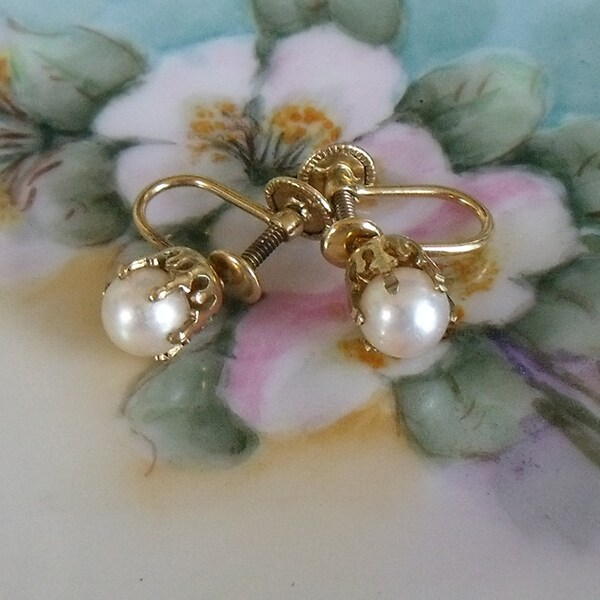 Cultured Pearl Earrings, Screwbacks, Signed J.M.S., 12k Goldfilled, 6MM. 1940's - 1950's, June Birthstone