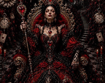 Dark Queen of Hearts Wall Art, Gothic Fairytale Poster, Red Rose Fantasy Queen Print, Dark Academia Victorian Castle Decor