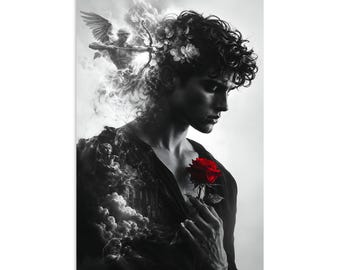 Può includere: Una stampa d'arte digitale in bianco e nero raffigurante una persona con capelli ricci adornati da fiori, che tiene in mano una singola rosa rossa vibrante. Sopra, una figura alata con un arco emerge dalle nuvole, circondata da fumo.