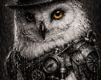 Steampunk Owl Poster, Gothic Animal Wall Art, Dark Fantasy Decor, Vintage Nature Print