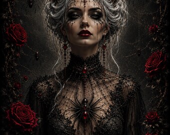 Gothic Spider Queen Wall Art | Dark Fantasy Gothic Poster | Black Widow Queen Print | Dark Academia Decor | Crimson Rose Witch Art
