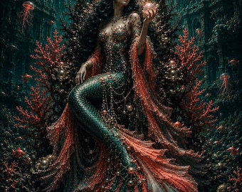 Gothic Mermaid Queen Poster, Dark Fantasy Ocean Wall Art, Underwater Siren Decor, Teal Coral Mermaid Print, Gothic Rococo Fantasy Artwork