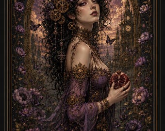Persephone Greek Goddess Wall Art Print, Steampunk Art Nouveau Poster, Dark Feminine Gothic Decor, Mythology Fantasy Artwork, Purple Floral