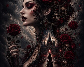 Dark Gothic Vampire Queen Poster | Gothic Wall Art | Red Rose & Moon Artwork | Gothic Home Decor | Horror Aesthetic Gift