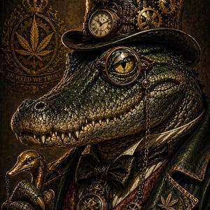 May include: A detailed digital illustration of an alligator in steampunk clothing. The alligator wears a top hat with gears and a pocket watch, a monocle, and a suit with a bow tie. The image includes the text "IN WEED WE TRUST" and a cannabis leaf.