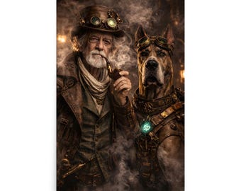 Steampunk Man and Dog Wall Art | Victorian Gentleman Art Print | Vintage Industrial Decor