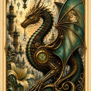 May include: A detailed illustration of a mechanical dragon with teal wings and gold clockwork gears integrated into its body. A human face is visible within the wing structure. The background features tall towers and hot air balloons in a cloudy sky.